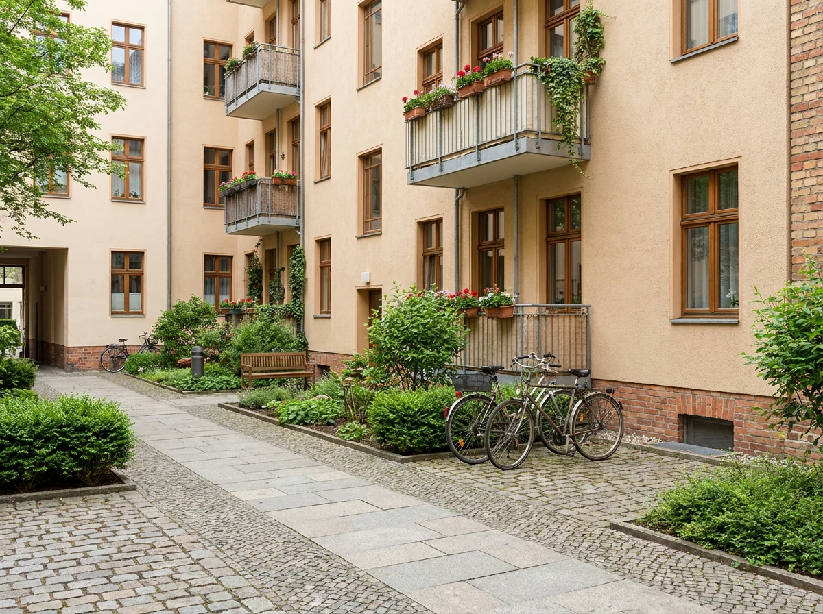 Zuverlässige Abläufe im Alltag für Immobilienbetreuung Gepflegter Innenhof einer Berliner Wohnanlage